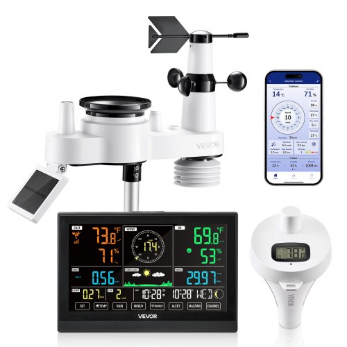 VEVOR Estación Meteorológica Solar Wifi 7 en 1, con App, Pantalla de 190,5 mm, Sensor Solar Inalámbrico para Exterior, Termómetro de Piscina, Pluviómetro, Pronóstico del Tiempo, Velocidad del Viento