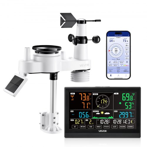 VEVOR Estación Meteorológica Wifi 7 en 1, con App, Pantalla VA de 190,5 mm, Sensor Solar Inalámbrico, Pluviómetro, Pronóstico del Tiempo, Velocidad del Viento, Temperatura, Humedad y Precipitación