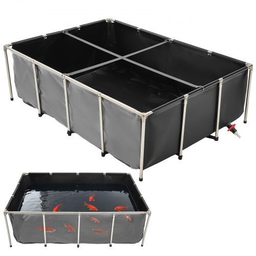 VEVOR Estanque de Lona Sobre Suelo 1781,3 L de PVC con Panel de Visualización Transparente Tanque Rectangular 200x140x60 cm para Peces Dorados con Marco de Acero Inoxidable Válvula de Drenaje, Negro