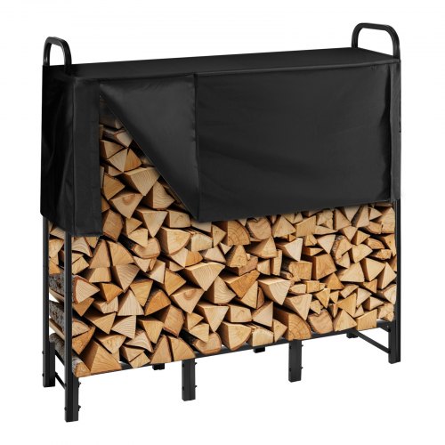 VEVOR Estante de Almacenamiento de Leña 122 x 32 x 118 cm Marco de Metal con Recubrimiento en Polvo con Media Cubierta Soporte de Leña Carga de 181,4 kg para Chimenea, Terraza, Patio, Jardín, Negro