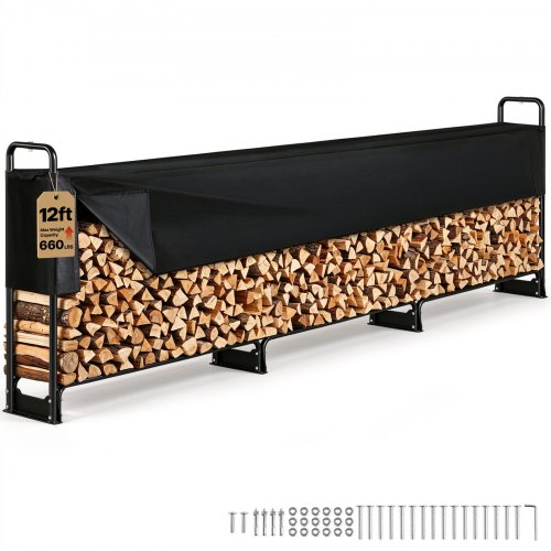 VEVOR Estante de Almacenamiento de Leña 386x36x117 cm Marco de Acero Soporte de Leña con Funda Impermeable 600D Oxford Leñero para Chimenea para 3/4 Cuerda de Leña Carga de 400 kg para Jardín Terraza