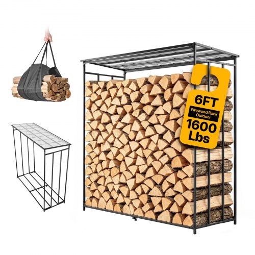 VEVOR Estantería de Leña para Exteriores 1850 x 715 x 1855 mm con Toldo, Soporte de Madera para Jardín, Patio, Terraza, Capacidad de Carga de 730 kg, Acero al Carbono, Bolsa para Transportar Madera