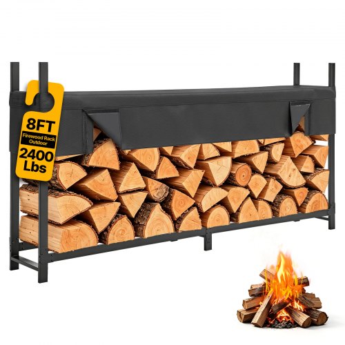 VEVOR Estantería de Leña para Exteriores Carga de 1100 kg Leñero Exterior, Soporte de Madera para Patio, Terraza, Jardín, Chimenea, 1240 x 355 x 2440 mm, con Cubierta Impermeable, Acero al Carbono