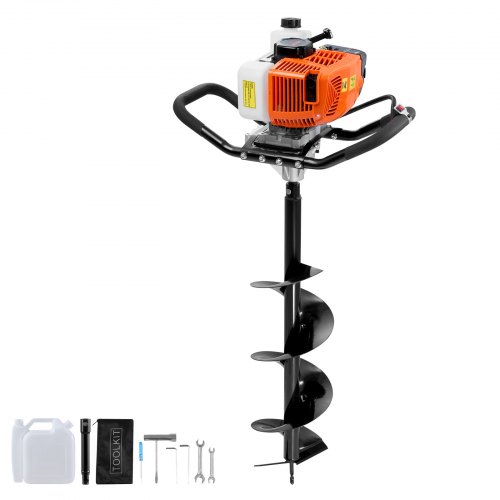 VEVOR Excavadora de Pozos a Gasolina de 63 cc y 2400 W Barrena para Postes a Gasolina con Brocas de 200 mm y 1 Varilla de Extensión para Vallas de Postes, Cultivo, Jardín, Plantas, Naranja y Negro