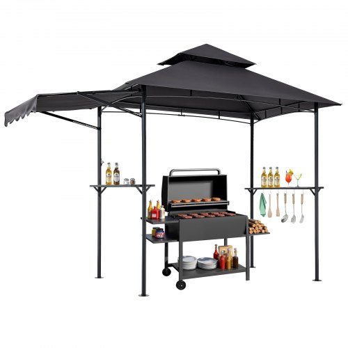 VEVOR Gazebo para Barbacoa, Refugio de Acero con Recubrimiento en Polvo 243 x 150 x 250 cm con Techo de 2 Niveles, 2 Estantes Laterales, Abrebotellas, Ganchos y Toldo Adicional para Barbacoa
