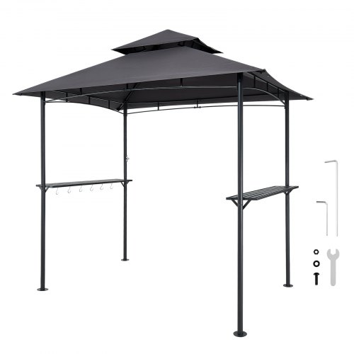 VEVOR Gazebo para Barbacoa, Refugio de Acero para Barbacoa con Recubrimiento en Polvo 243 x 150 x 250 cm con Techo de 2 Niveles, 2 Estantes Laterales y 8 Ganchos para Patio, Jardín, Exterior