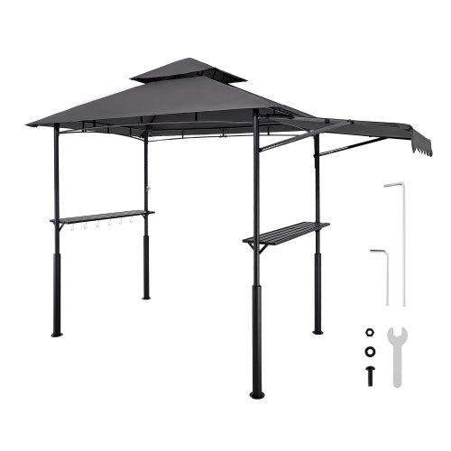 VEVOR Gazebo para Barbacoa, Refugio Reforzado para Barbacoa con Recubrimiento en Polvo 243 x 150 x 250 cm con Techo de 2 Niveles, 2 Estantes Laterales, Ganchos y Toldo Adicional para Patio, Jardín