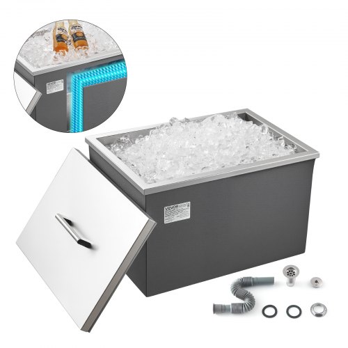 VEVOR Hielera Empotrable, 508 x 355 x 306 mm, de Acero Inoxidable, con Capacidad para 30 L, con Tapa para Exterior y Tubo de Drenaje Incluido, para Vino y Cerveza Fríos, Tapa Olla, Uso Versátil