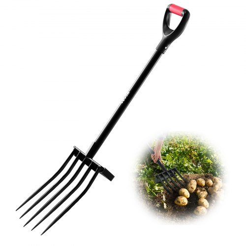 VEVOR Horca de Jardín de 5 Dientes con Mango de Metal, Horquilla de Excavación Resistente de 1050 mm con Empuñadura en Y, Acero Forjado, para Heno, Papa, Compostaje, Trasplante y Aireación, Negro
