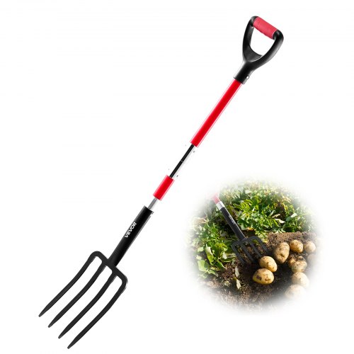 VEVOR Horca de Jardín Resistente de 4 Dientes con Mango de Fibra de Vidrio, con Empuñadura en Y, Horquilla de Acero Forjado para Heno, Papa, Compostaje, Trasplante y Aireación, 1140 x 175 mm