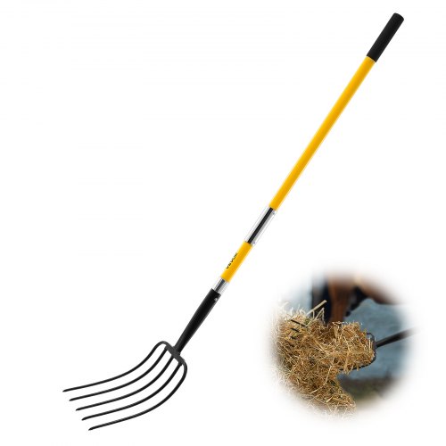 VEVOR Horca de Jardín Resistente de 5 Dientes con Mango de Fibra de Vidrio, con Empuñadura en Y, Acero Forjado, Antideslizante, para Heno, Papa, Compostaje, Trasplante y Aireación, 1450 x 245 mm