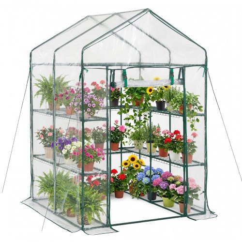 VEVOR Invernadero de Exterior 137 x 137 x 196 cm, Invernadero de Jardín con Puerta Enrollable Estantes, Cubierta de PVC, Impermeable y Anti-UV, Vivero Casero para Plantas Verduras Flores, Transparente