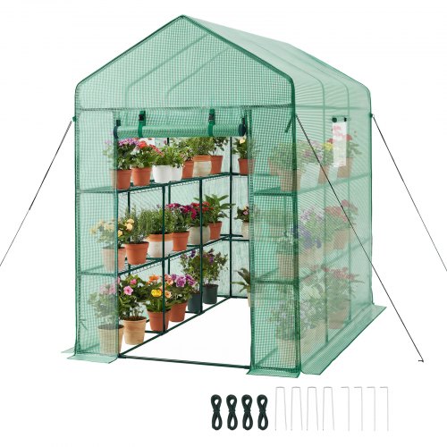 VEVOR Invernadero de Exterior 137 x 206 x 196 cm, Invernadero de Jardín con Puerta Enrollable y 2 Ventanas, Estantes de 3 Niveles, Cubierta de PE, Vivero Casero para Plantas Verduras Flores, Verde