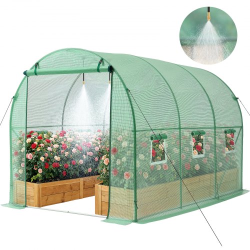 VEVOR Invernadero de Exterior 2,93 x 1,97 x 1,94 m, Invernadero de Túnel con Sistema de Riego Puerta Enrollable 6 Ventanas, Impermeable Anti-UV para Cultivos Frutas Verduras en Jardín Terraza, Verde