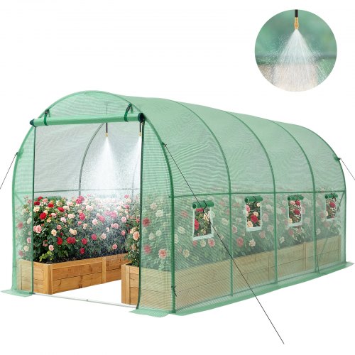 VEVOR Invernadero de Exterior 4,48 x 1,97 x 1,97 m, Invernadero de Túnel con Ventanas Puerta Enrollable Sistema de Riego, Marco de Acero Cubierta de PE, para Cultivos Plantas Verduras en Jardín, Verde