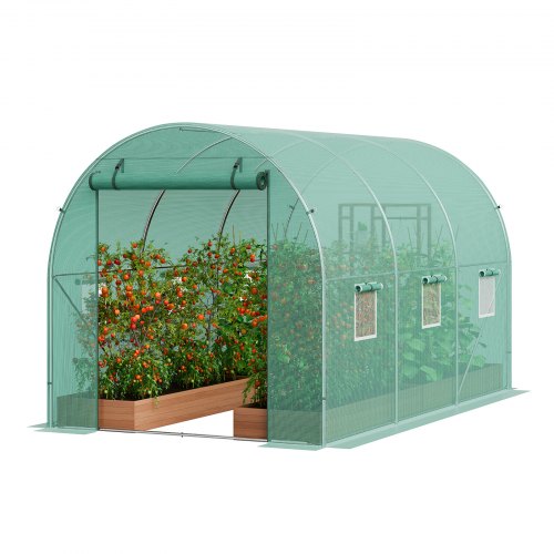 VEVOR Invernadero Túnel 345x195x192 cm Carpa Refugio para Plantas con Estructura de Acero Galvanizado Cubierta de PE Puerta Enrollable con Cremallera 6 Ventanas para Cultivo de Verduras Flores, Verde