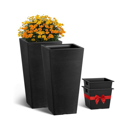 VEVOR Jardineras Altas de 570 mm 2 Piezas Jardineras Grandes para Plantas Jardineras Cuadradas Cónicas para Porche Delantero Macetas para Plantas de Árboles Diseño Moderno Drenaje Incorporado, Negro