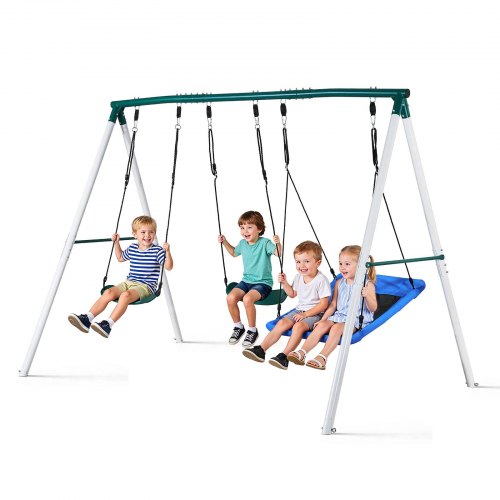 VEVOR Juego de Columpio Infantil Exterior, 184 x 193,5 x 182 cm, Set de Columpio de Jardín, Capacidad de Carga 199,6 kg, con 2 Asientos, Altura Ajustable, Marco de Acero, para Niños Terraza, Verde