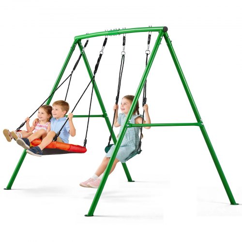 VEVOR Juego de Columpio Infantil Exterior, 312 x 200 x 220 cm, Capacidad de Carga hasta 318 kg, Juego de Columpio de Jardín para Niños, con 3 Asientos, Marco de Acero, para Patio Terraza, Verde Blanco