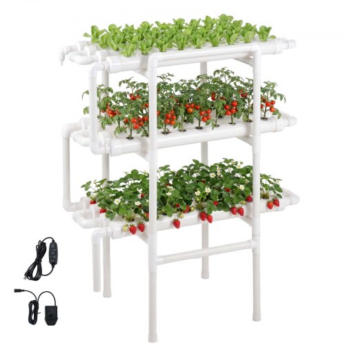 VEVOR Juego de Sistema de Cultivo Hidropónico 3 Niveles y 108 Sitios, con Riego Programado, Tuberías que Bloquean Luz y Sol, Kit de Cultivo para Hortalizas, Frutas, Hierbas sin Tierra en Interiores