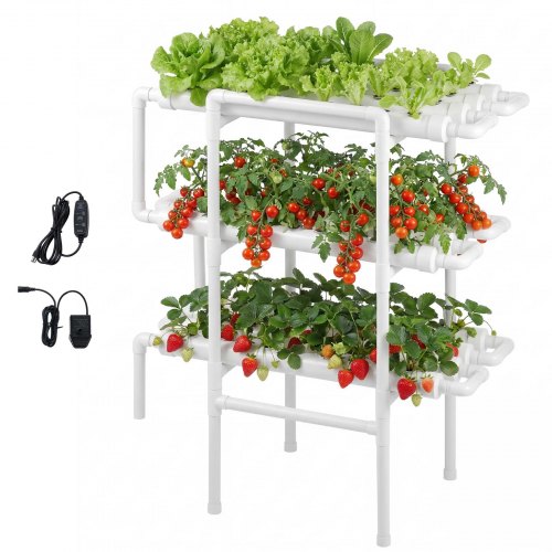 VEVOR Juego de Sistema de Cultivo Hidropónico 3 Niveles y 108 Sitios, con Riego Programado, Tubos Hidropónicos Engrosados, Kit de Cultivo para Hortalizas, Frutas, Hierbas en Interiores, Blanco