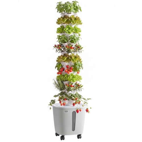 VEVOR Kit de Cultivo Hidropónico, Sistema de Torre Hidropónica, 10 Niveles y 50 Agujeros, con Ruedas Bomba de Agua y Depósito de 20 Litros, Control Inteligente, Torre de Plantación para Hierbas Frutas