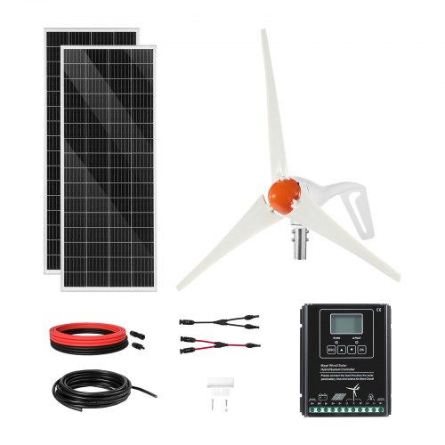 VEVOR Kit de Energía Solar y Eólica 400W 12V 2 Paneles Monocristalinos 100W, Turbina 200 W Controlador de Sistema Híbrido Eólico / Solar MPPT para Hogar Camping Barcos Caravana Aplicaciones Domésticas