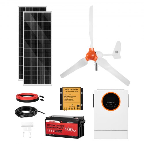 VEVOR Kit de Energía Solar y Eólica 600W 12V Sistema Híbrido 2 Paneles 100W, Turbina Eólica 400 W Inversor Solar Híbrido 1000 W Batería LiFePO4 de 12,8 V y 100 Ah para Hogar Camping Barcos Caravana