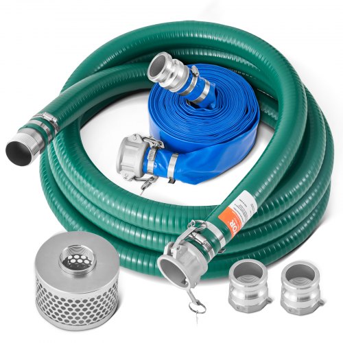 VEVOR Kit de Manguera de Succión para Bomba con Manguera de Retrolavado Azul de 50,80mmx15,24m, Manguera de Succión Verde de 6,1 m y Filtro de Orificio Redondo de Acero, Levas, Abrazaderas, Adaptador