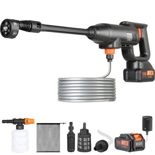 VEVOR Lavadora de Alta Presión con Batería Inalámbrica 21V Limpiador Portátil de Alta Potencia 580PSI 50bar Lavadora Eléctrica 4L/min Cargador de Batería de 4,0Ah para Limpieza de Patio, Jardín, Coche