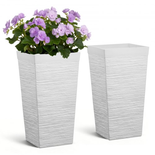 VEVOR Macetas Altas para Plantas 580 mm, Paquete de 2 Piezas, Maceteros Grandes para Interior y Exterior, Diseño Acanalado, con Ruedas Depósito Drenaje, Plástico, Decoración para Jardín Hogar, Blanco
