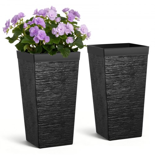 VEVOR Macetas Altas para Plantas 580 mm, Set de 2 Piezas, Maceteros Grandes para Interior y Exterior, Cónico Cuadrado, Diseño Acanalado, con Ruedas Depósito Drenaje, Plástico, para Jardín Salón, Negro