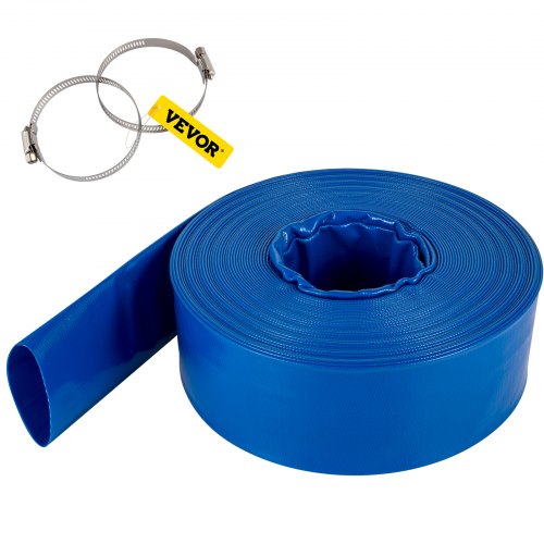 VEVOR Manguera de Descarga de 76 mm x 32 m Manguera Plana de Tela de PVC Manguera de Drenaje Resistente con Abrazaderas Resistente a la Intemperie para Piscina y Transferencia de Agua, Azul