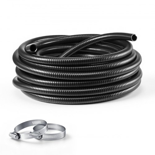 VEVOR Manguera de Succión de PVC, 25 mm x 25 m, para Bomba de Agua, Transferencia de Agua, Alta Resistencia a Presión, Resistente a la Intemperie y a las Roturas, con Abrazaderas, para Piscina, Negro