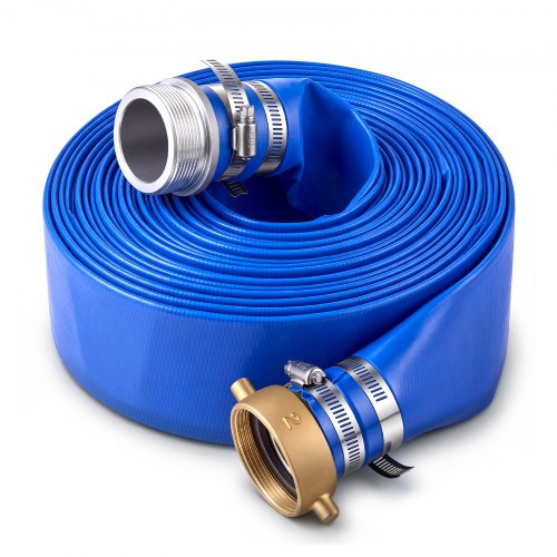 VEVOR Manguera Plana para Descarga de Agua, 5,08 cm x 15,24 m, de PVC, Resistente a la Intemperie y a las Roturas, con Conexiones de Pasador, para Filtro de Arena y Bomba de Sumidero de Piscinas, Azul