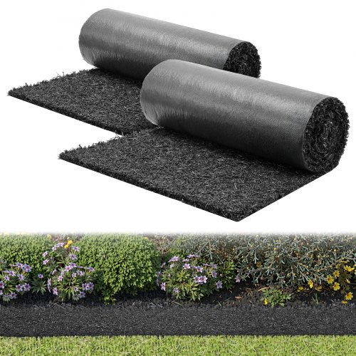 VEVOR Mantillo de Goma para Paisajismo 244 x 61 cm, Tapete de Caucho Reciclado Cortable, Paquete de 2 Rollos, Tela Antihierbas Reducción de Malezas, Borde Permanente, para Jardín Huerto, Color Negro