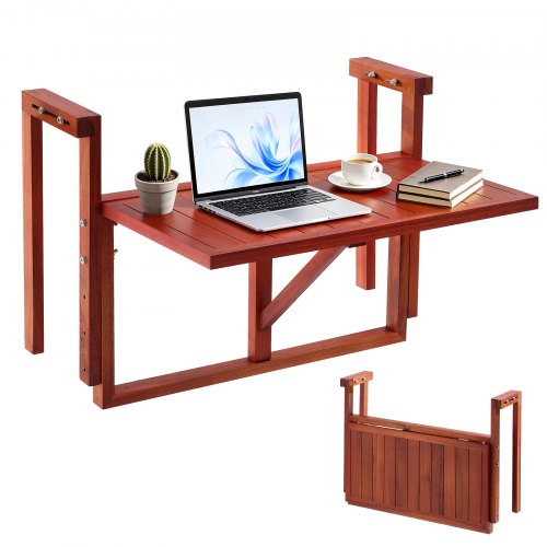 VEVOR Mesa Colgante Balcón 560 x 280 mm Carga 27 kg Mesa Auxiliar Plegable, para Exterior Terraza Jardín Patio, Apto para Barandillas 80-135 mm, 4 Alturas Ajustables, de Madera Acacia, Ahorra Espacio