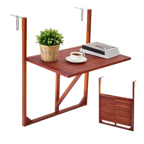 VEVOR Mesa Colgante de Balcón 650 x 450 mm Mesa Auxiliar de Madera Acacia, para Terraza Patio Jardín Exterior, Apto para Barandillas 0-70 mm, Capacidad de Carga de 27 kg, Plegable, Ahorra Espacio