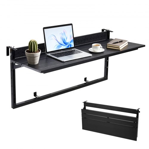 VEVOR Mesa Colgante Plegable Balcón 1015 x 380 mm Capacidad de Carga 27 kg, para Jardín Patio Terraza Exterior, Apto para Barandillas de 0-90 mm, 5 Alturas Ajustables, Compuesto de Madera y Plástico