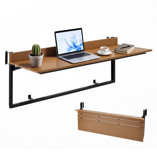 VEVOR Mesa Colgante Plegable de Balcón 1200 x 370 mm Mesa Auxiliar Jardín, para Exterior Patio Terraza, para Barandillas de 35-60 mm, Carga 27 kg, 5 Alturas Ajustables, Compuesto de Madera y Plástico