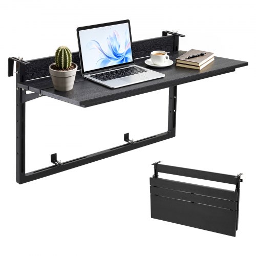 VEVOR Mesa Colgante Plegable de Balcón 795 x 380 mm Mesa Auxiliar Negro, para Jardín Patio Terraza Exterior, Compatible con Barandillas de 0-90 mm, Capacidad de Carga de 27 kg, 5 Alturas Ajustables