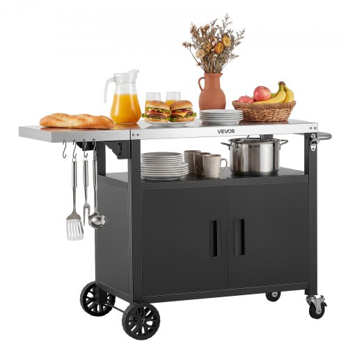 VEVOR Mesa de Barbacoa 1241 x 445 x 818 mm Tablero de Acero Inoxidable, Carrito de Cocina con Ruedas, Con Armario de Almacenamiento, Con Abridor de Botellas, Para Jardín, Bar, Zona de Barbacoa