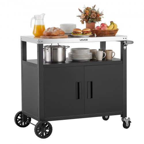 VEVOR Mesa de Barbacoa 924 x 445 x 818 mm Tablero de Acero Inoxidable, Carrito de Cocina con Ruedas, Con Armario de Almacenamiento, Con Abridor de Botellas, Para Jardín, Bar, Zona de Barbacoa