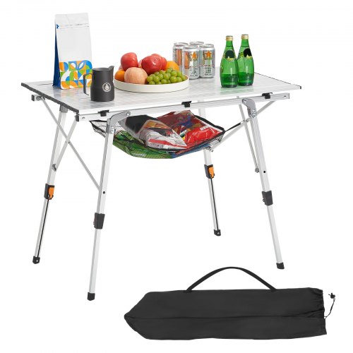 VEVOR Mesa de Camping Plegable Portátil Enrollable, de Aluminio, con Altura Ajustable, Malla Superior y Bolsa de Transporte, Ideal para Barbacoas, Picnics y Viajes, 900 x 520 x 680 mm, Plata