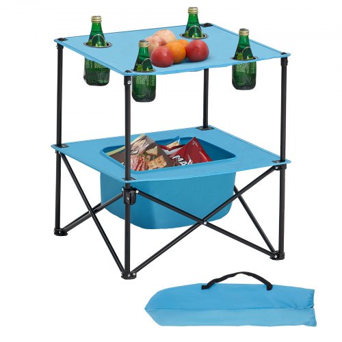 VEVOR Mesa de Camping Plegable Portátil y Ligera, para Exteriores, de Lona Oxford 600D, Impermeable, para Playa, con 4 Portavasos y Bolsa de Transporte, para Picnics, 560 x 560 x 640 mm, Azul