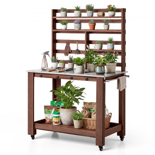 VEVOR Mesa de Jardinería, Banco de Trabajo de Jardín de Madera 115 x 66 x 169 cm con Ruedas, Estante Superior, Tablero de Acero Inoxidable, Ganchos, Cajón, Armario para Macetas Almacenamiento Exterior