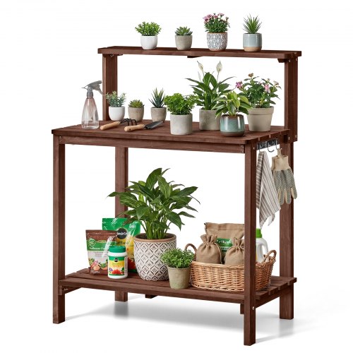 VEVOR Mesa de Jardinería Banco de Trabajo de Jardín de Madera 91 x 49.5 x 108.5 cm con Estante Superior, Tablero de Madera de Abeto, Cajón, Ganchos, Armario para Almacenamiento Macetas Patio Exterior