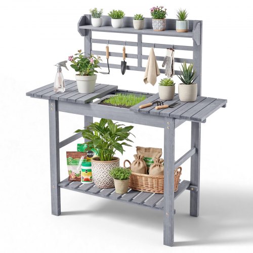 VEVOR Mesa de Jardinería, Banco de Trabajo de Jardín de Madera con Tablero Madera de Abeto Ajustable de 94 x 46 x 140 cm, Estante Superior, Armario, Cajón, Ganchos para Patio Almacenamiento Macetas Exterior