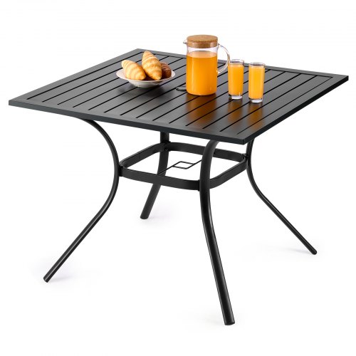 VEVOR Mesa de Patio para Jardín y Balcón, Cuadrada, de Acero al Carbono, para Exterior, Patio, Jardín, Terraza, Impermeable, con Orificio para Sombrilla, Carga 68 kg, Negro, 940 x 940 x 735 mm