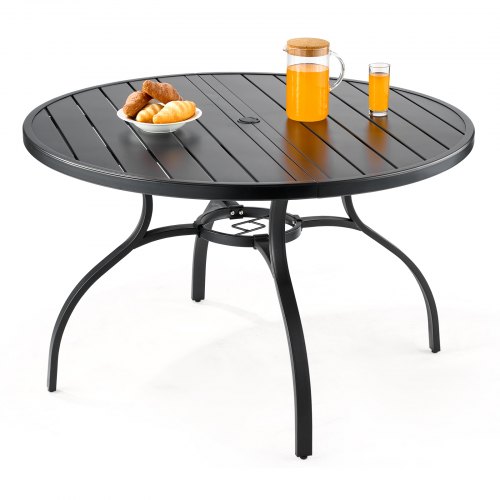 VEVOR Mesa de Patio, Redonda, de Acero al Carbono, para Patio, Jardín, Terraza, Impermeable, con Orificio para Sombrilla de 38 mm, Capacidad de Carga de 68 kg, Color Negro, 1200 x 1200 x 725 mm